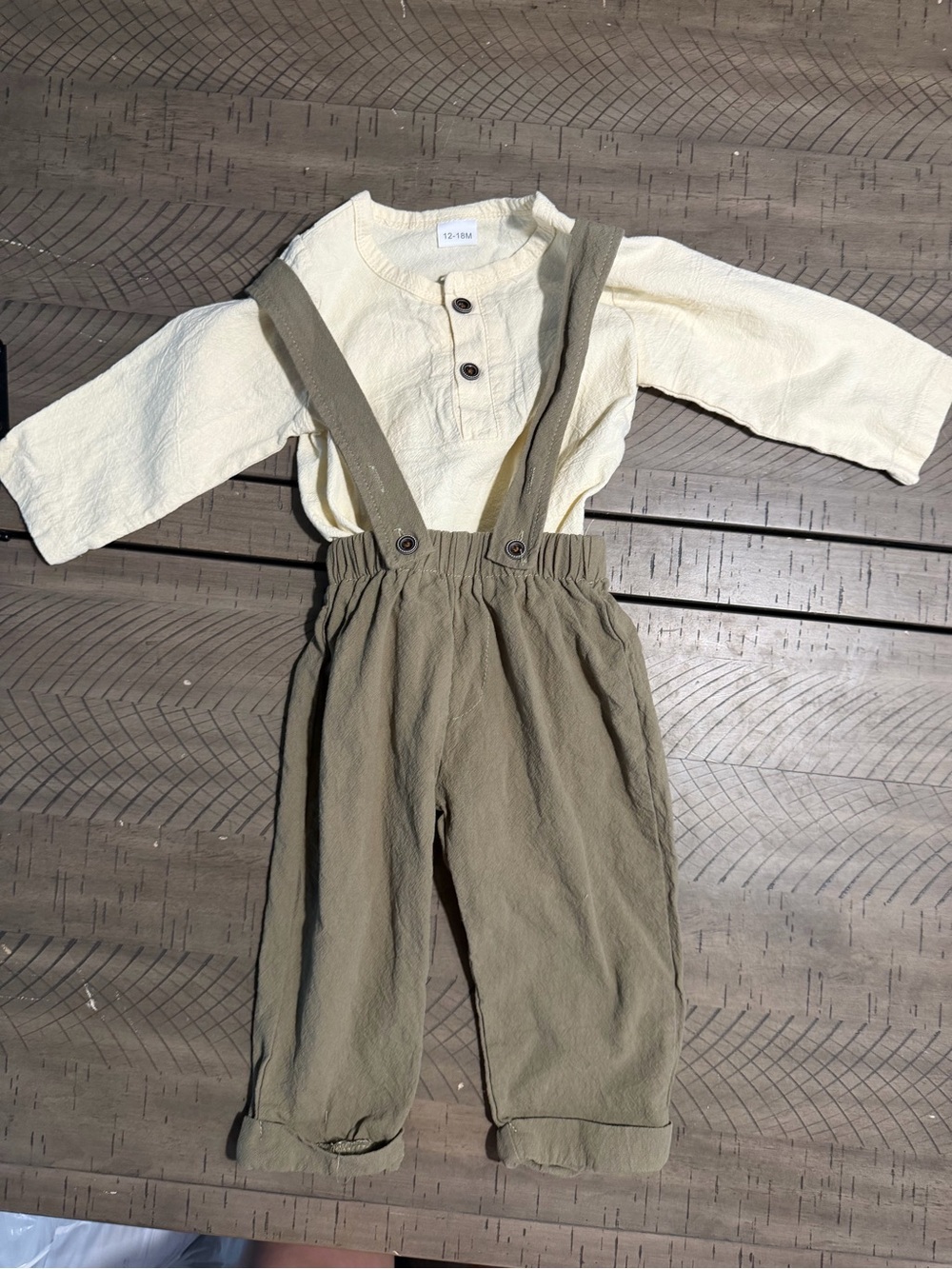 Kids Cream Henley Top with Tan Suspender Overalls